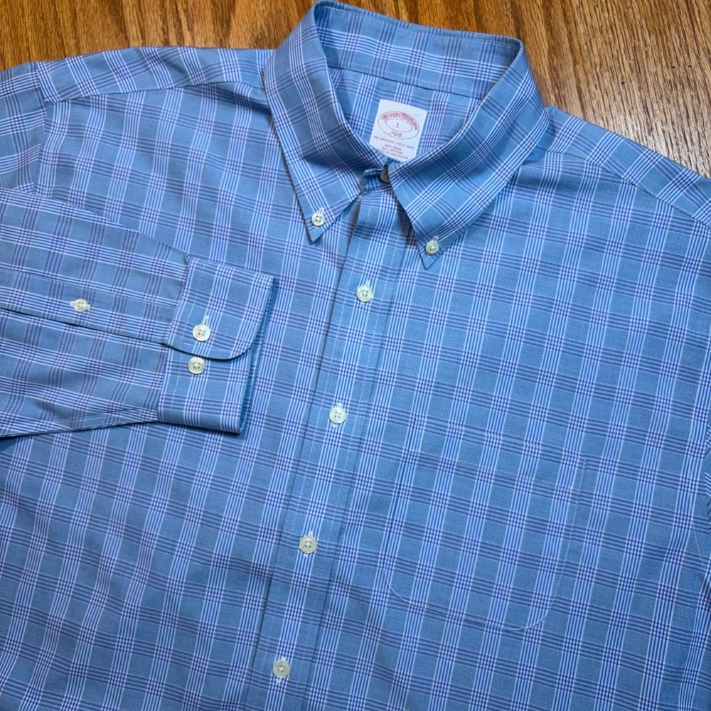 Brooks Brothers Button Down Shirt Mens L Blue Plaid Non-Iron 346 Long Sleeve